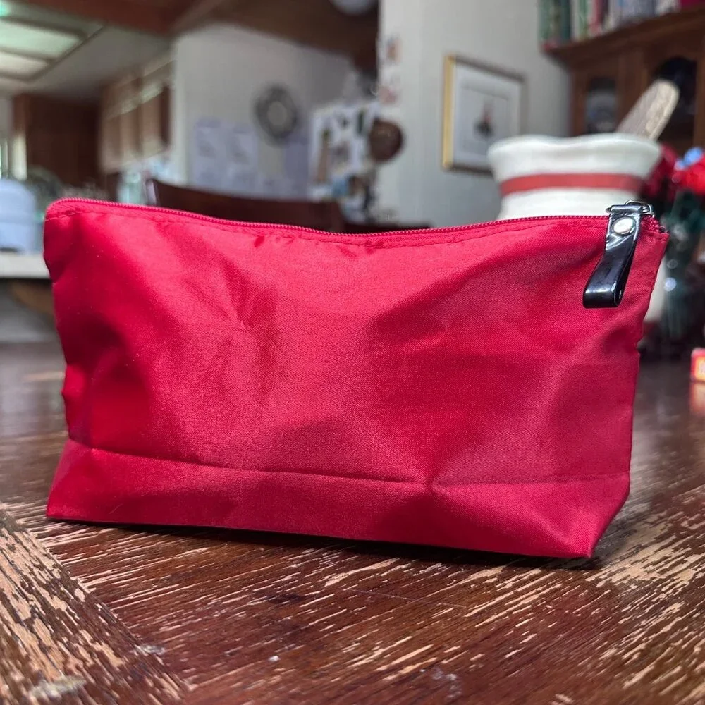 Lancome Red Satin Cosmetic Pouch With Black Accent Trim & Rose Detail